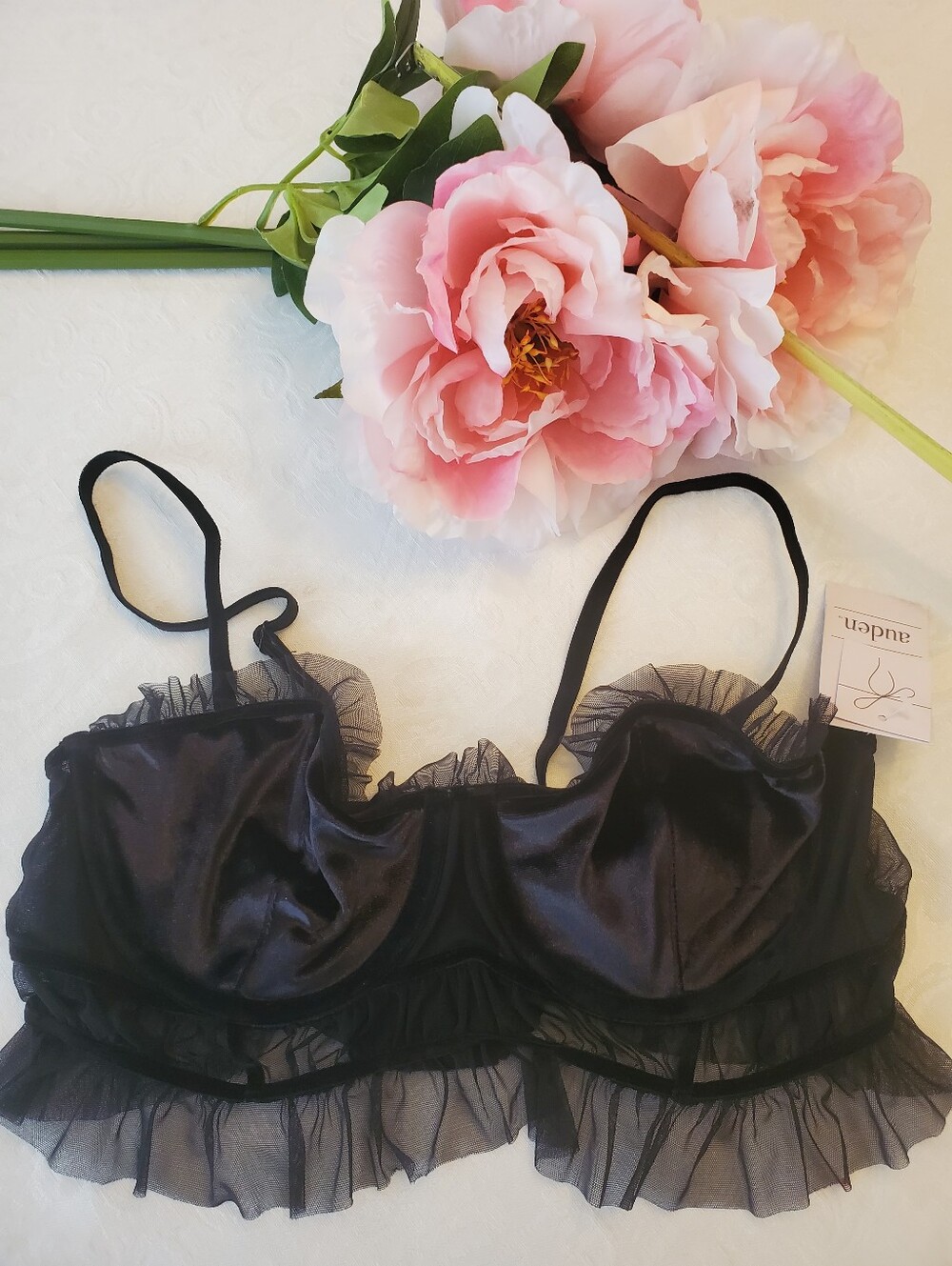 Auden Black Satin Ruffle Bralette with Sheer Trim SMALL